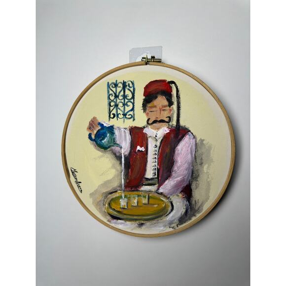 Handcrafted Circular Canvas Art – Traditional Tea Pouring Scene - Picture 2 of 5